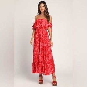 Love and Blooms Red Floral Print Off-the-Shoulder Dress